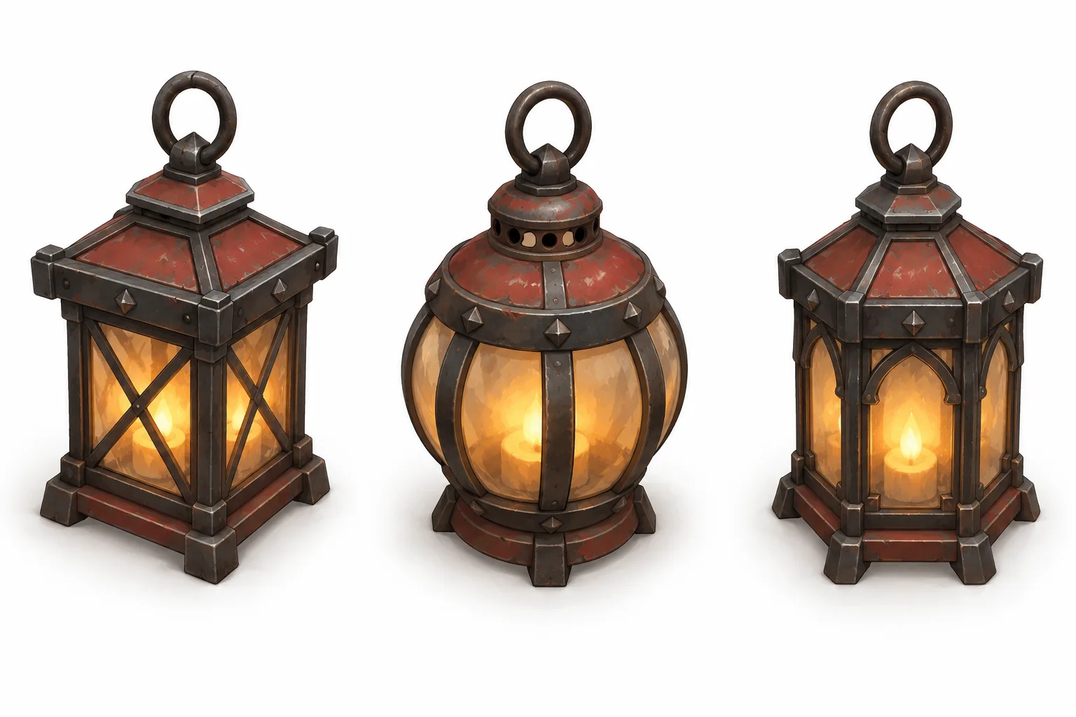 Three original lantern concepts with matching camera angle, dark metal, red accents and amber lighting.