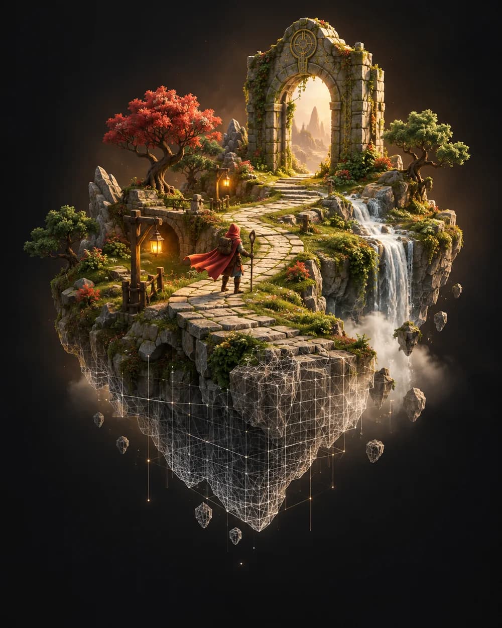 Concept illustration of a tiny game world taking shape, with a lantern-lit path and a stone gateway above a wireframe island