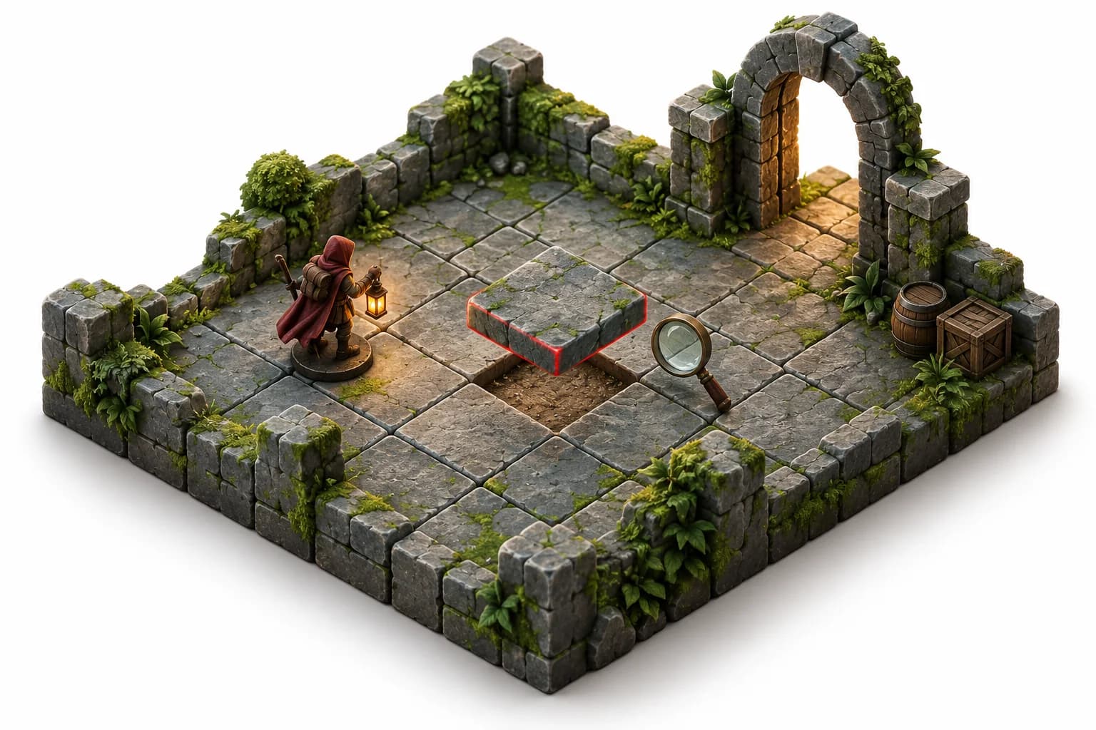 An intact miniature game courtyard with one floor tile lifted out for inspection while the surrounding world stays in place.