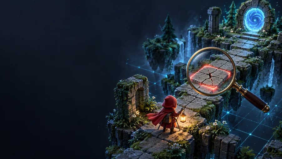 Concept illustration of a magnifying glass isolating one cracked tile in an otherwise intact game world