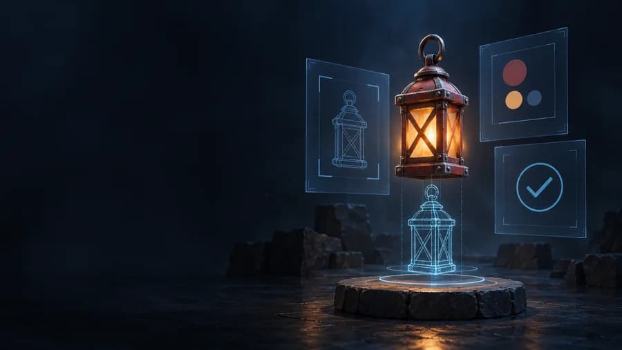 Concept illustration of a lantern game asset above its wireframe, surrounded by visual design constraints