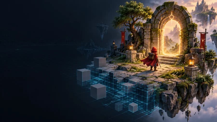Concept illustration of a wireframe game world becoming a stone courtyard with an adventurer and a glowing gateway