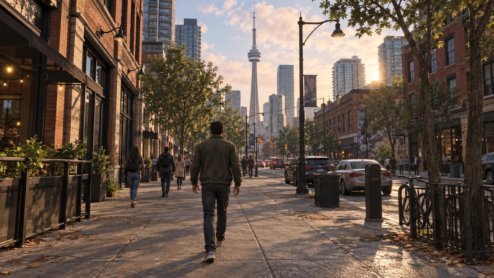 Approved concept artwork showing a character on a Toronto-inspired street in warm evening light