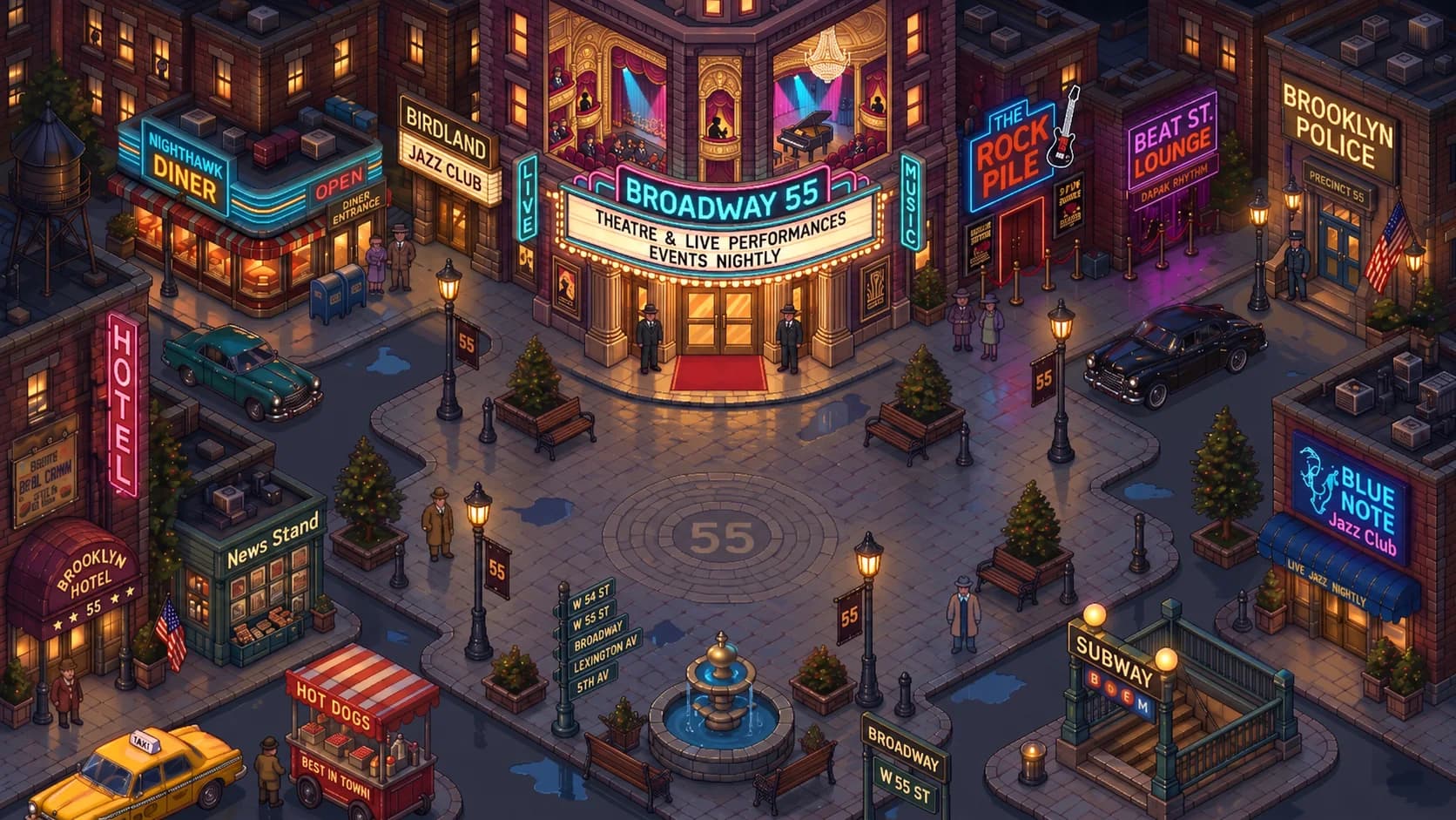 Illustrated Broadway55 town square with a glowing theatre marquee, diners and jazz clubs