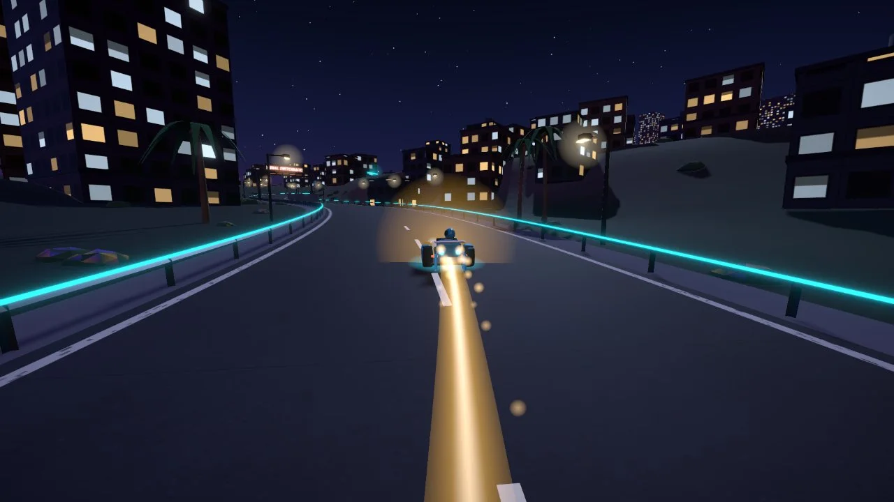 Neon Drift development capture of a kart boosting through a coastal city at night