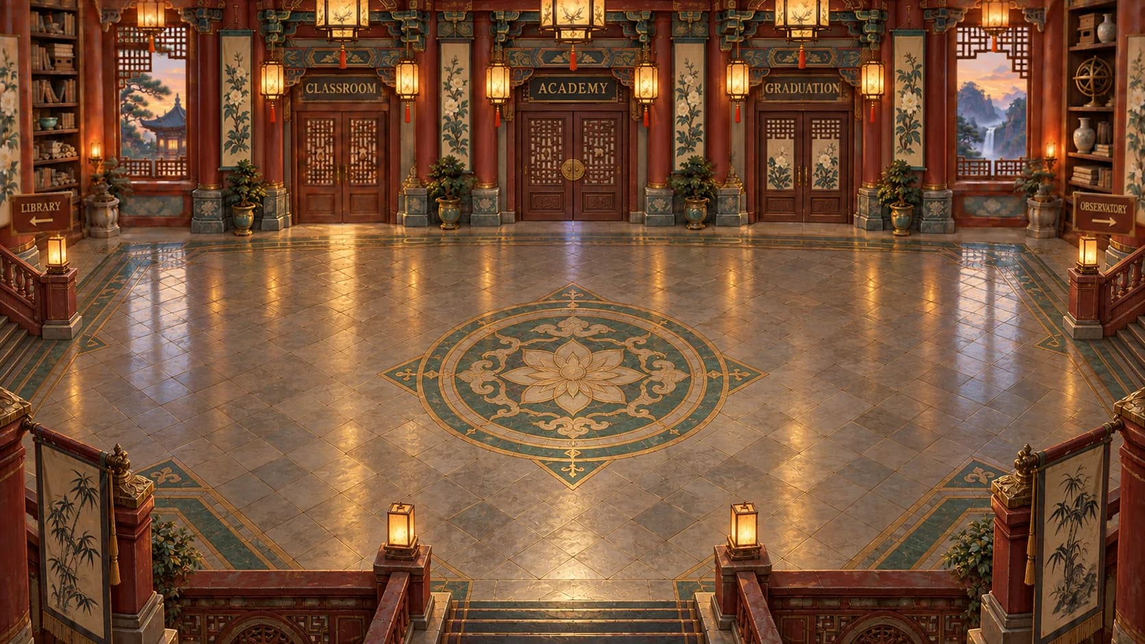 Illustrated academy hall from the TENG AI SCHOOL project