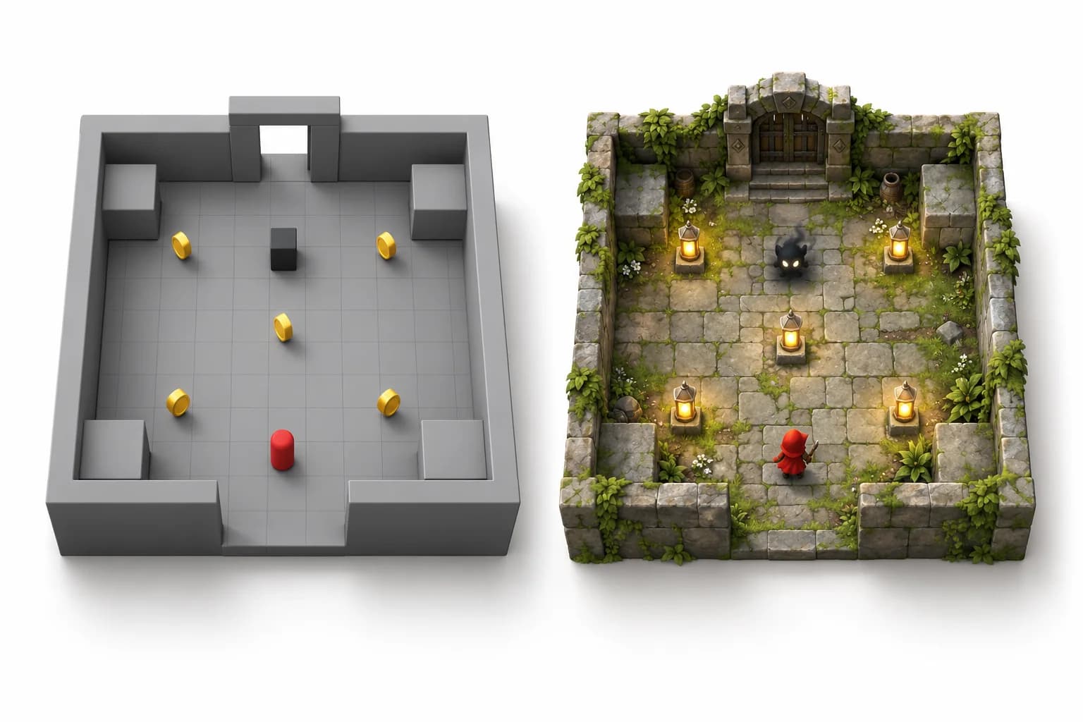 A simple gray game-room blockout beside a mossy courtyard concept with a red-cloaked adventurer, lanterns and a gate.