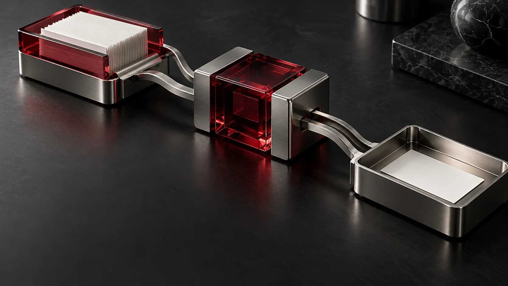 Ruby glass processing cube connecting an input tray and an output tray