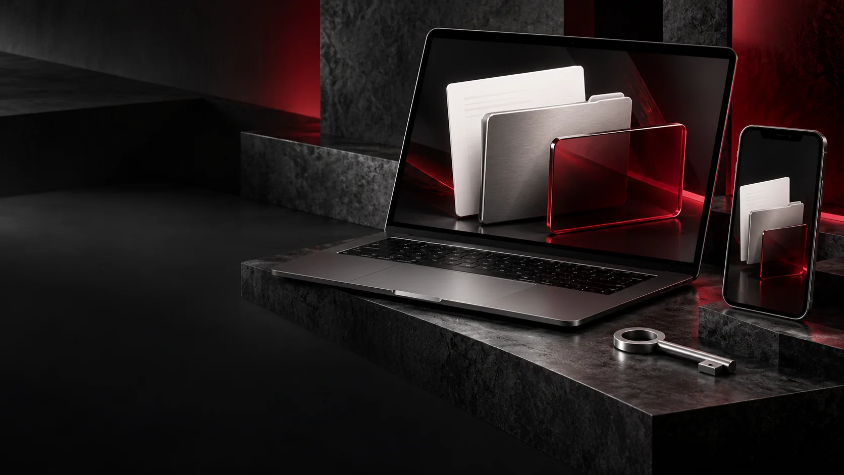 Laptop and mobile frames displaying document, folder and status concepts