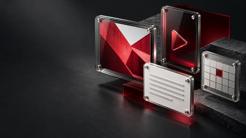 Glass content frames with a video play symbol, note card and calendar tile