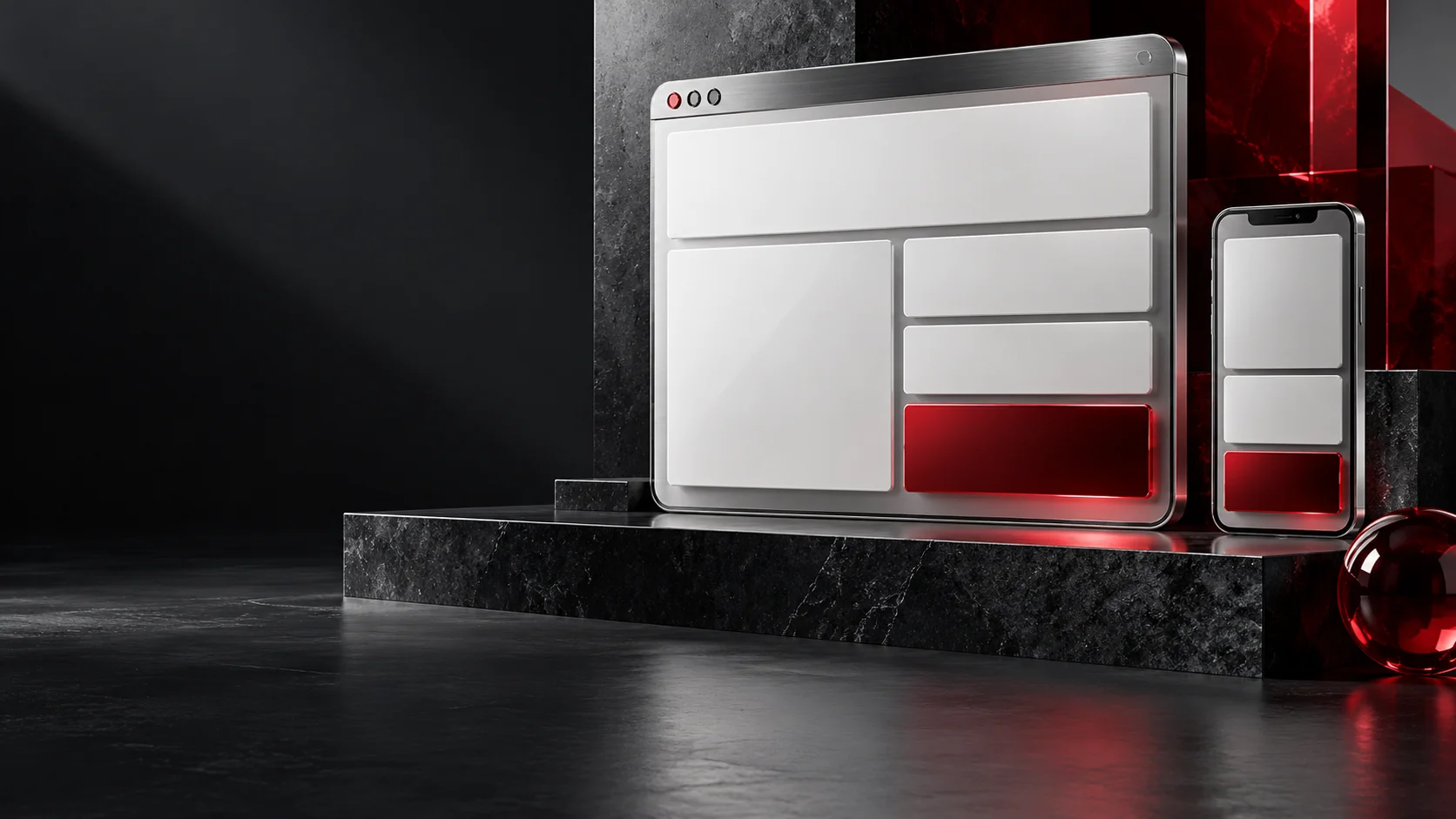 Silver desktop and mobile website frames with a red action tile
