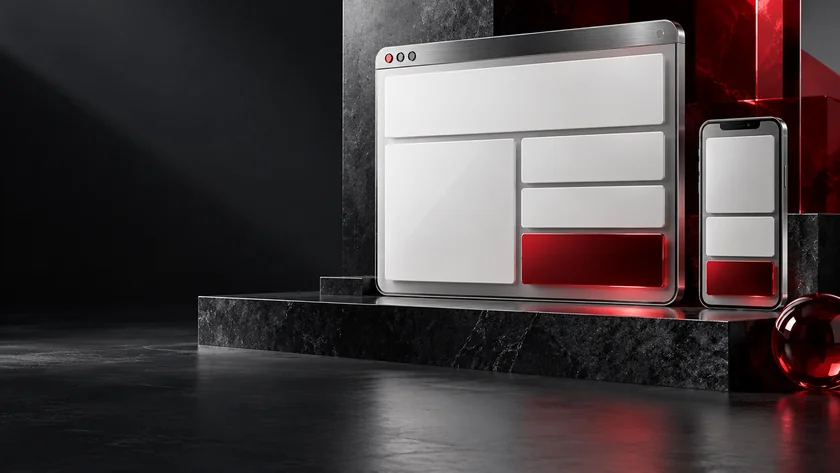 Silver desktop and mobile website frames with a red action tile
