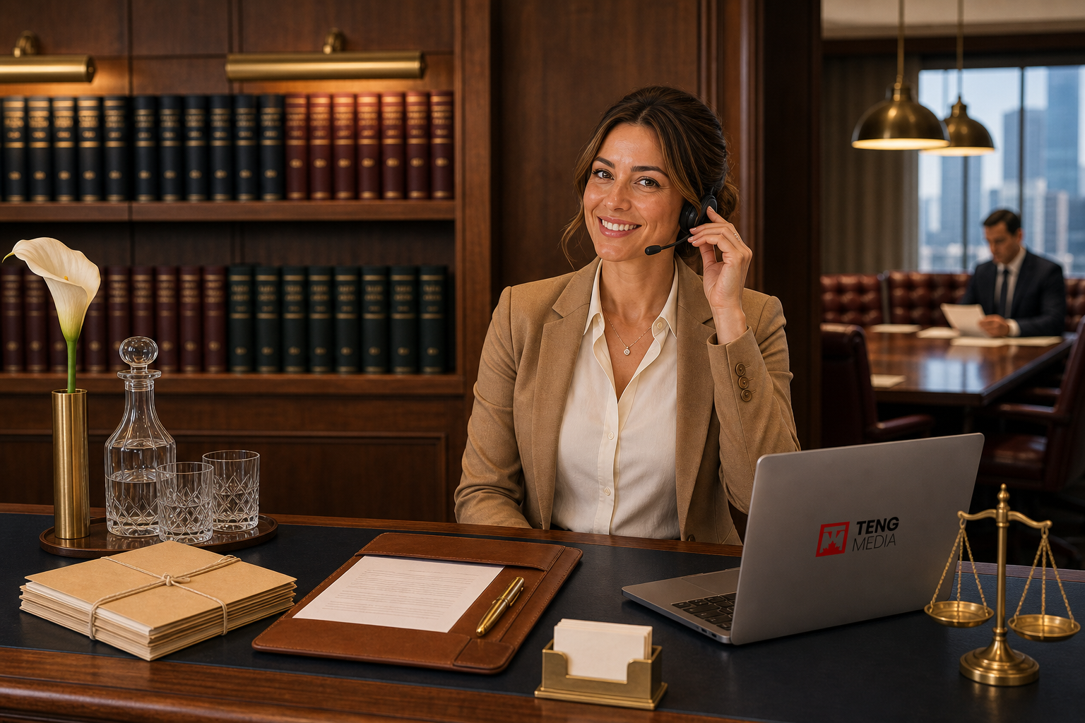 Lawyer's hands on legal documents in a modern office