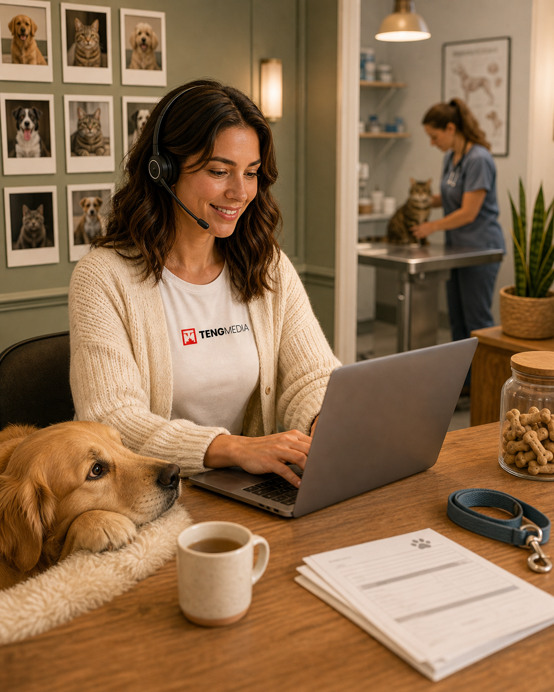 Veterinarian examining a dog on a clinic table